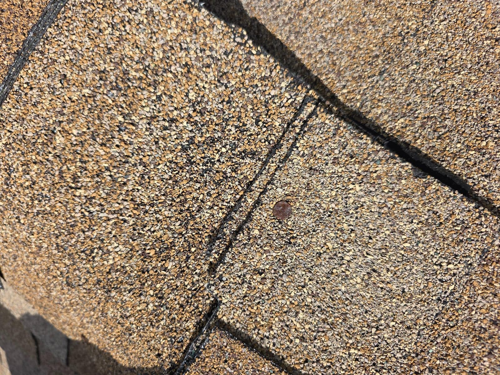 A nail driven through the exposed face of a shingle, rust ring around the head, no sealant.