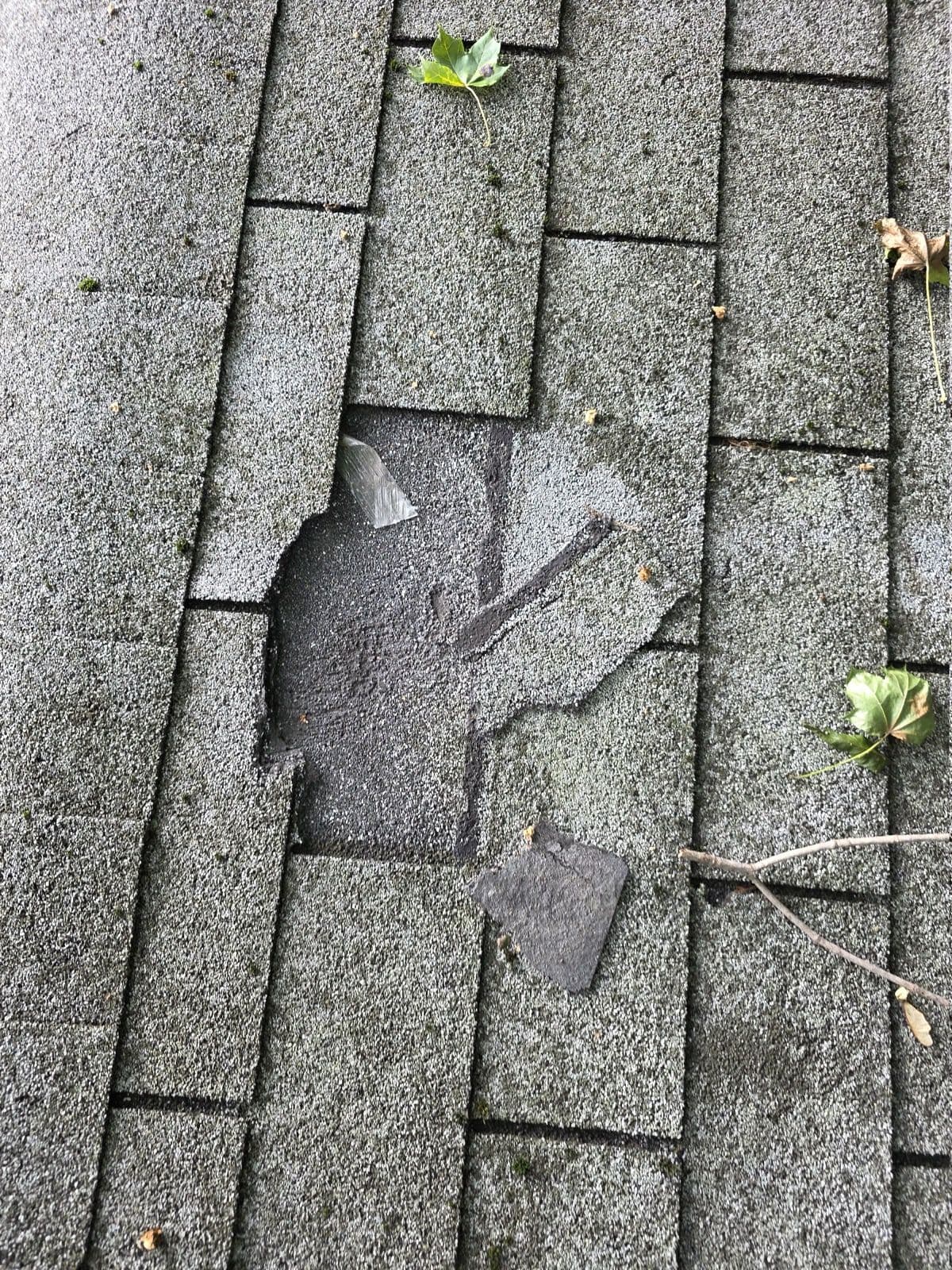 Torn shingle and an existing cement patch in Shelton