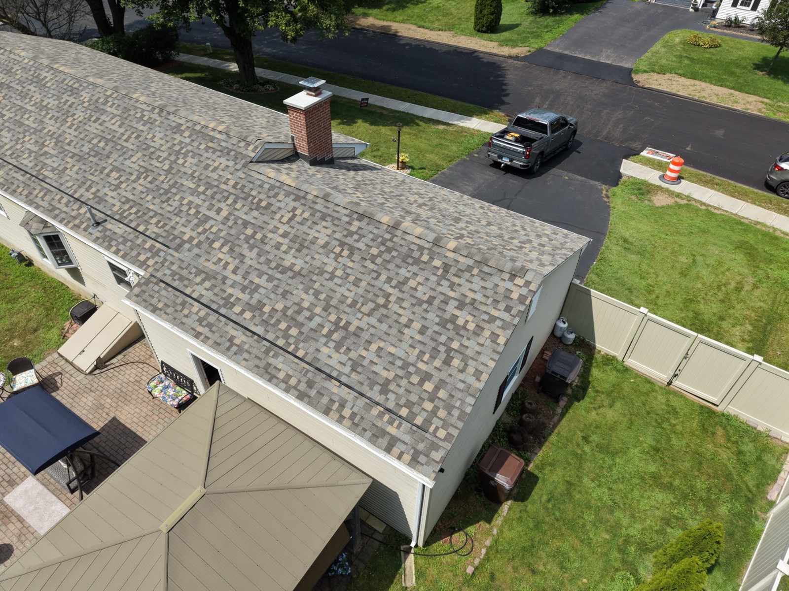 Completed Trust Proof Roofing architectural shingle roof replacement in Enfield, CT, drone view
