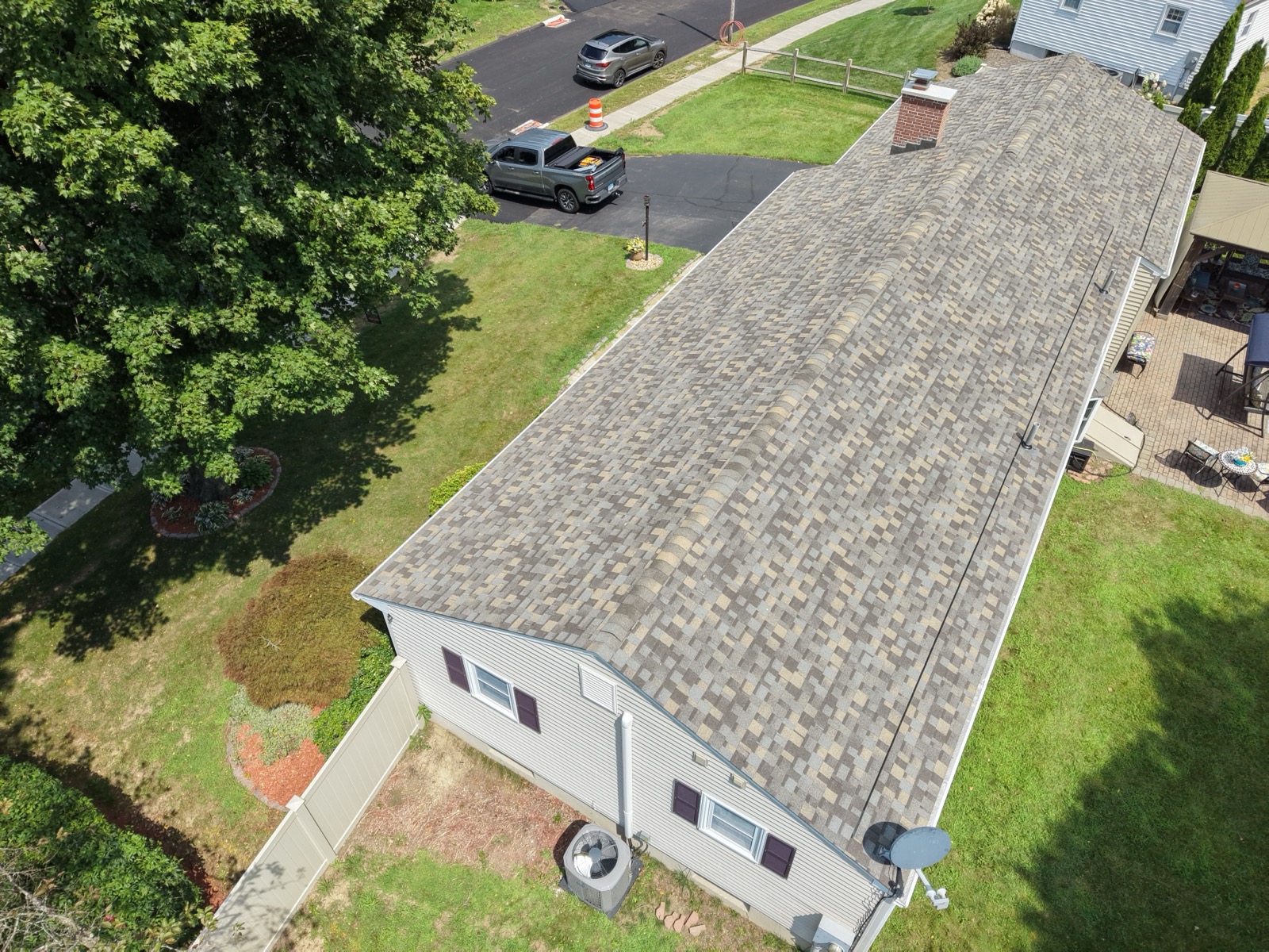 Wide drone view of a finished Trust Proof Roofing shingle roof in Enfield, CT
